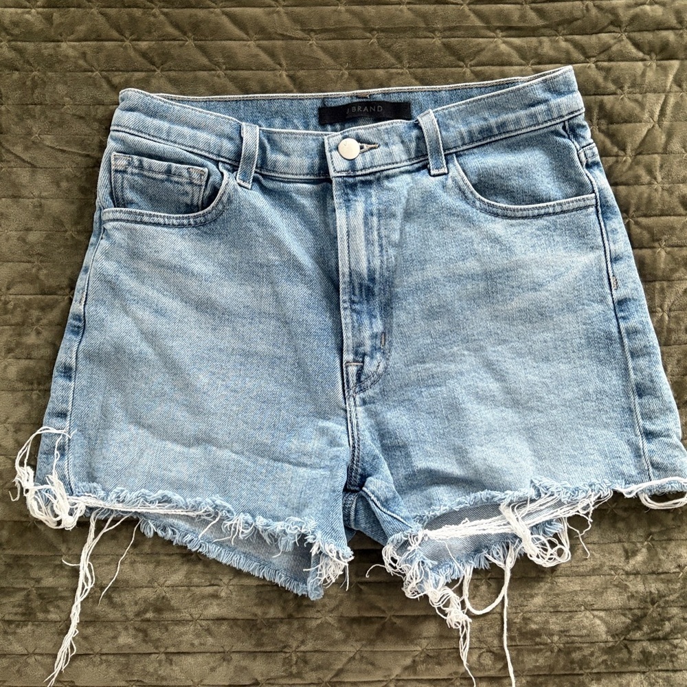 J Brand Jules high waisted light wash jean shorts frayed raw hem cut off size 27